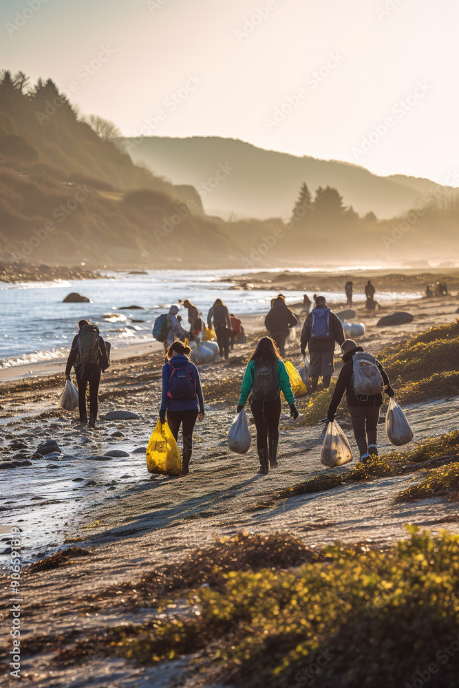Fototapeta premium Group of volunteers cleaning rubbish from the beach
