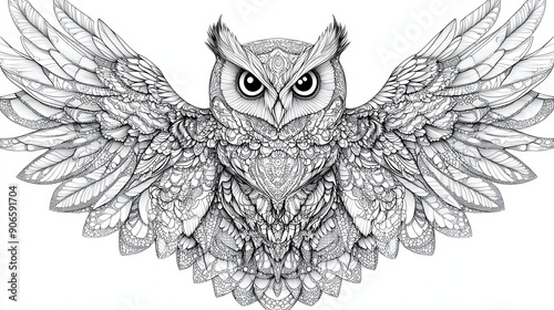 ntricate black and white drawing of an owl with elaborate feather patterns. Detailed illustration ideal for adult coloring books