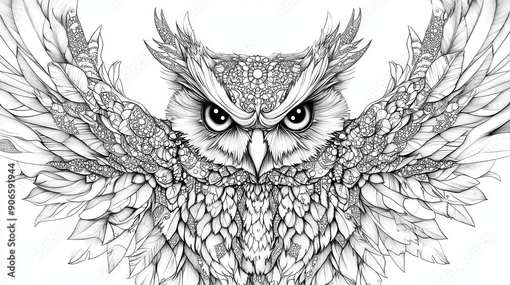 ntricate black and white drawing of an owl with elaborate feather ...