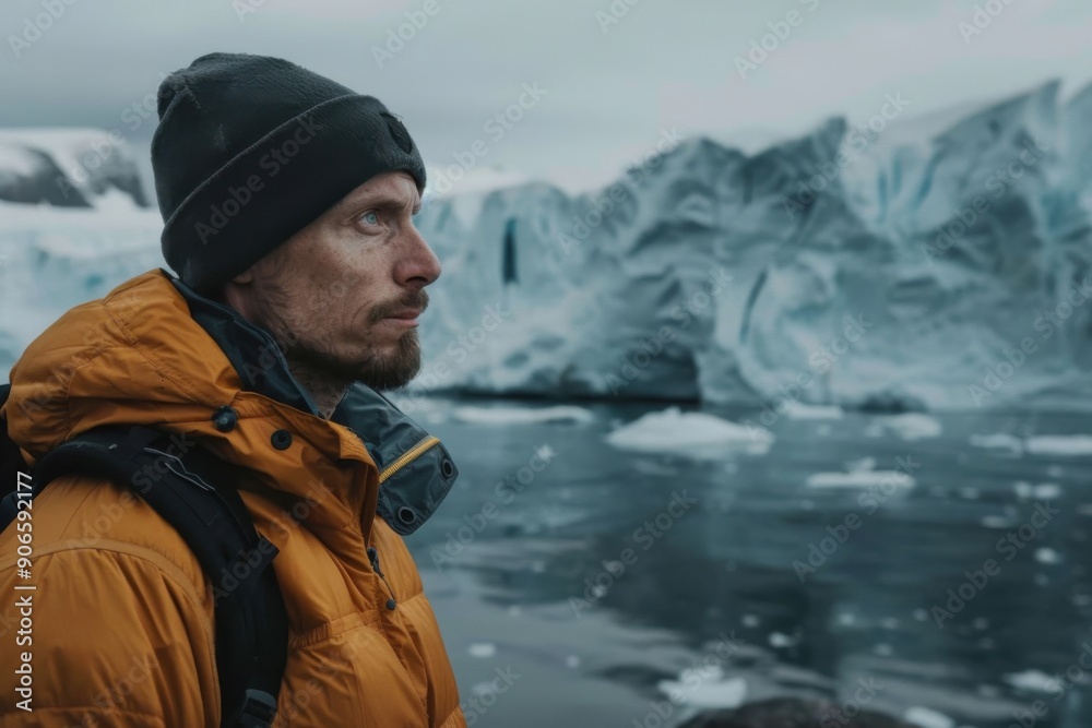 A person dressed in a yellow jacket standing by icy water and glacial formations, depicting an adventurous spirit and the awe-inspiring beauty of nature's extremes. A person dressed in a yellow jacket standing by icy water and glacial formations, depicting an adventurous spirit and the awe-inspiring beauty of nature's extremes.