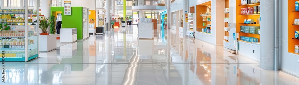 Empty, bright retail store interior with clean, white floors and shelves. Empty, bright retail store interior with clean, white floors and shelves.