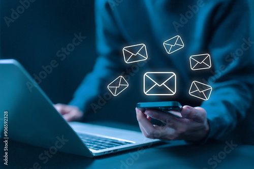 new email concept. Send an information message via email from the tablet. smart SMS mail on digital. business communication contact newsletter. marketing social media. write text on the web
 photo