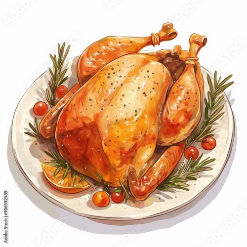 Watercolor Roasted Turkey Clipart - Festive Food Element Isolated on White Background photo