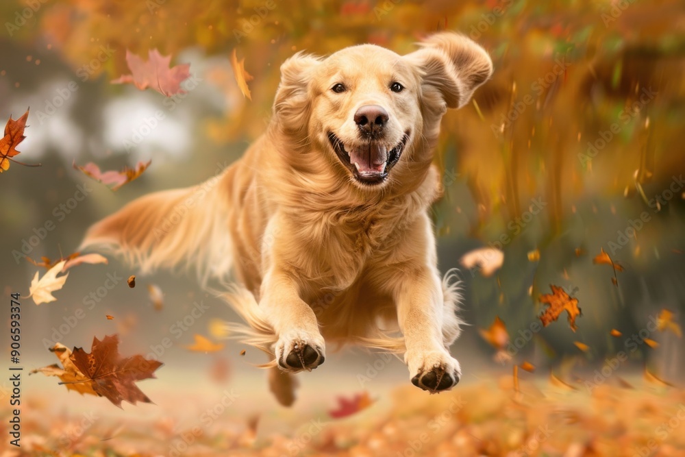A happy golden retriever leaps through the air surrounded by autumn leaves in a vibrant, joyful scene. A happy golden retriever leaps through the air surrounded by autumn leaves in a vibrant, joyful scene.