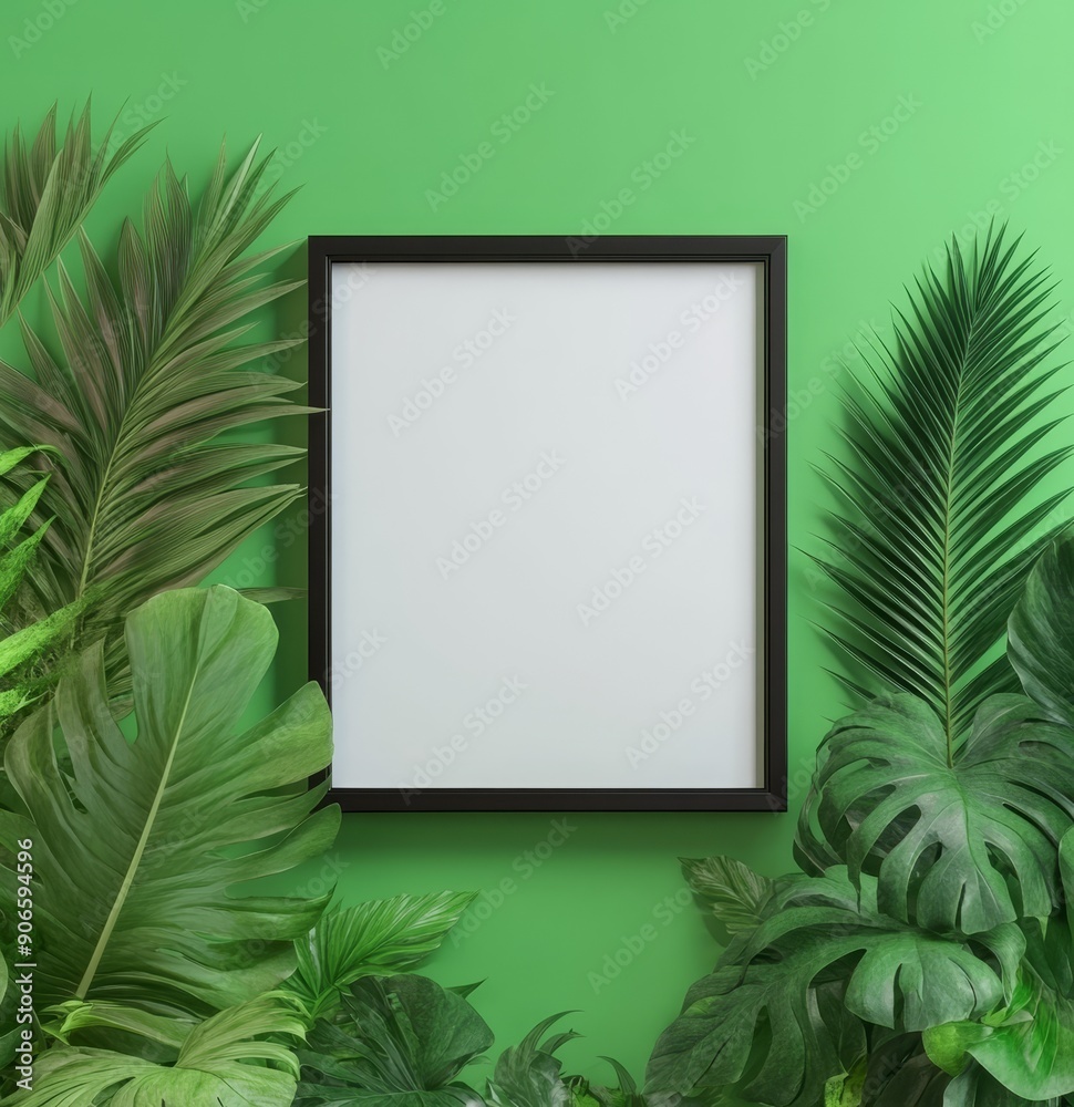 Three-dimensional rendering of a poster frame close up on a wall decorated with decor