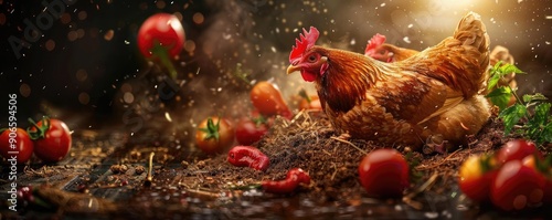 A lively scene featuring a chicken interacting with fresh tomatoes in a rustic farm setting, illuminated by warm, natural light. © Tin