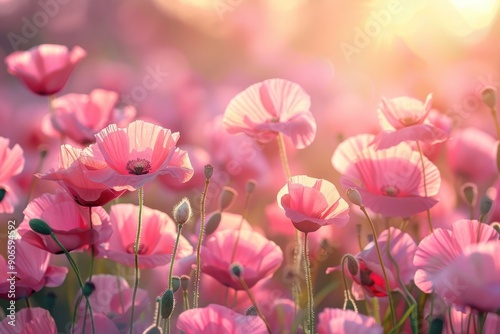 Field with pink poppies, beautiful nature.