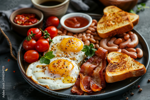 Full breakfast on a tray with fried eggs, sausages, bacon, beans, toast