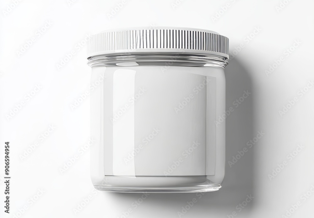 A small white label mockup is lying on a blank glass jar A small white label mockup is lying on a blank glass jar