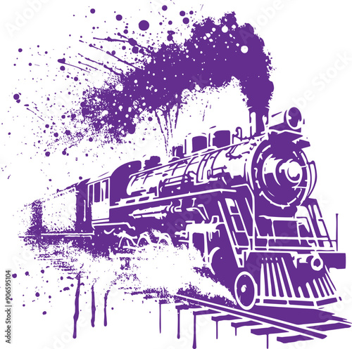 vintage train running on rails drawing torn dirty edges with paint drops