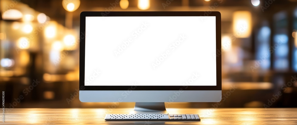 Computer with blank screen on white table in contemporary office. Computer with blank screen on white table in contemporary office.
