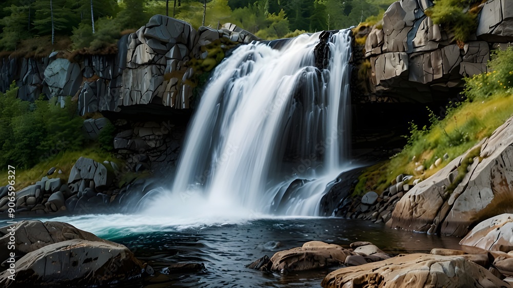 Obraz premium A dramatic waterfall plunging through a dense, verdant forest, with sunlight filtering through the trees and reflecting off the cascading water 