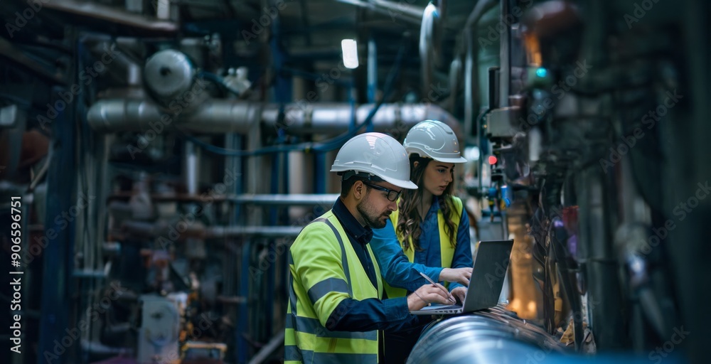 Title: Engineers in Safety Gear Working with Laptops at Construction Site.Generated image Title: Engineers in Safety Gear Working with Laptops at Construction Site.Generated image