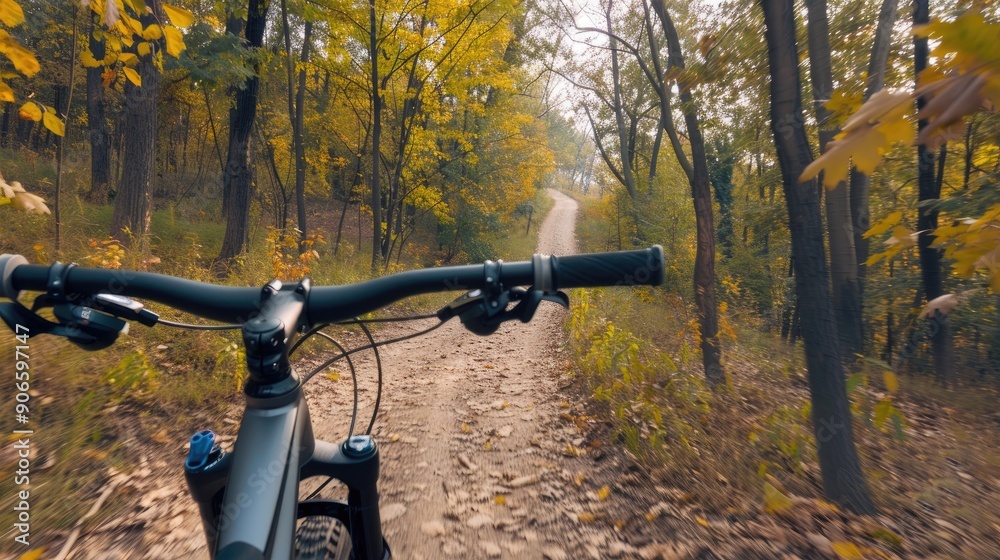 A cyclist rides on a forest trail surrounded by stunning autumn foliage as the sun sets, casting warm golden light through the trees A cyclist rides on a forest trail surrounded by stunning autumn foliage as the sun sets, casting warm golden light through the trees