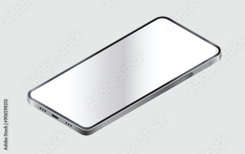 Isometric mobile phone laying down showing blank screen. Vector illustration on light grey background