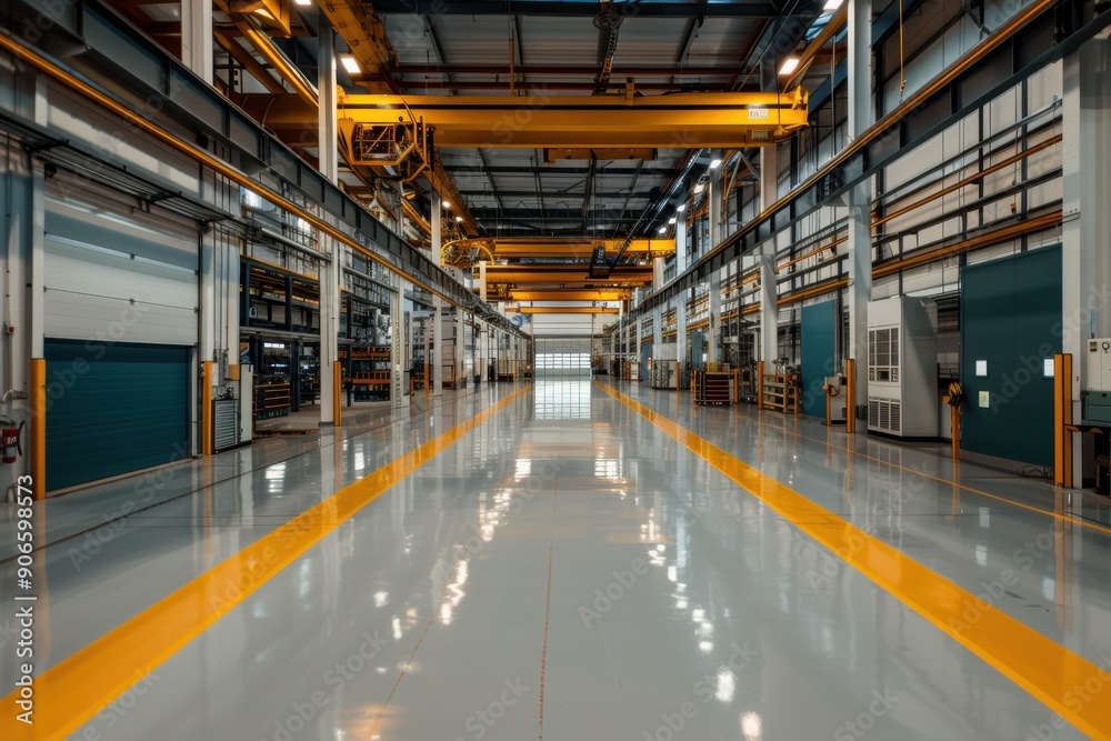 Fototapeta premium A modern industrial facility showcases polished floors, high ceilings, large doors, and overhead lighting and cranes, emphasizing cleanliness and organization in the workspace.