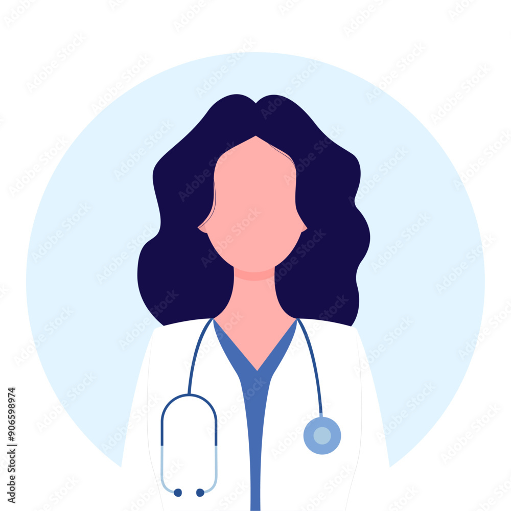 Fototapeta premium Female doctor therapist or pharmacist with wavy hair. Doctor with stethoscope. Concept - doctor, healthcare. Vector illustration in flat cartoon style. Isolated on white background.