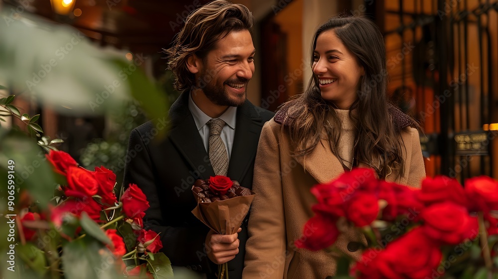 A man and a woman are walking through a garden with red roses A man and a woman are walking through a garden with red roses