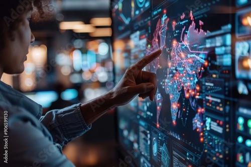A person interacts with a high-tech touchscreen displaying advanced world data visualizations, highlighting points of interest and geographical information.