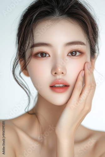 Young beautiful asian women applying skin products. Facials and Skin Care.