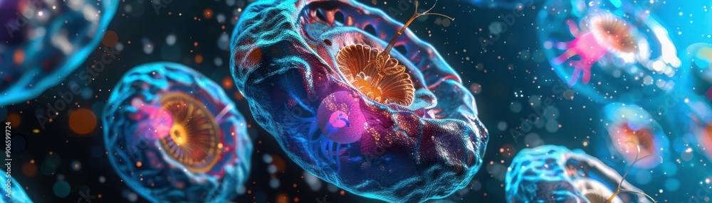 Fototapeta premium Organelles performing cellular functions, microscopic view, illustrating the coordination within the cell, digital tone, Triadic Color Scheme, copy space for text,