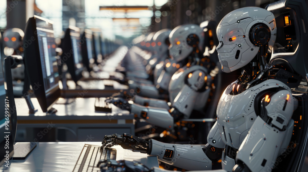 Identical AI Robots Working in High-Tech Office Identical AI Robots Working in High-Tech Office