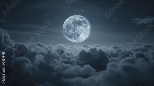 Beautiful cloudscape with a full moon, creating a serene and mystical atmosphere, perfect for backgrounds and inspirational content