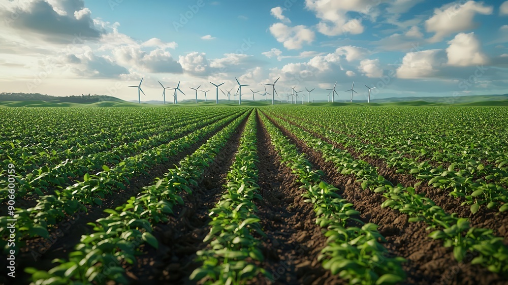 Field of saplings with windmills in the distance, sustainable future, eco-friendly landscape Field of saplings with windmills in the distance, sustainable future, eco-friendly landscape