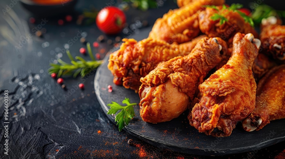Deliciously crispy fried chicken drumsticks garnished with fresh herbs, perfect for indulgent meals and gatherings. Deliciously crispy fried chicken drumsticks garnished with fresh herbs, perfect for indulgent meals and gatherings.