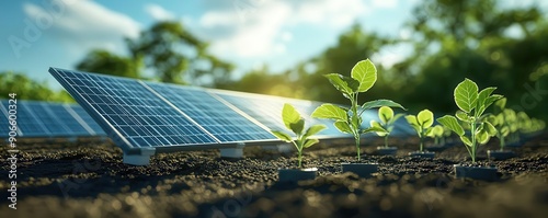 Solar-powered greenhouse nurturing saplings, sustainable agriculture, eco-innovation photo