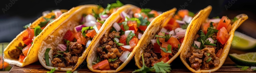 Deliciously arranged tacos filled with beef, fresh vegetables, and herbs, perfect for any culinary presentation. Deliciously arranged tacos filled with beef, fresh vegetables, and herbs, perfect for any culinary presentation.