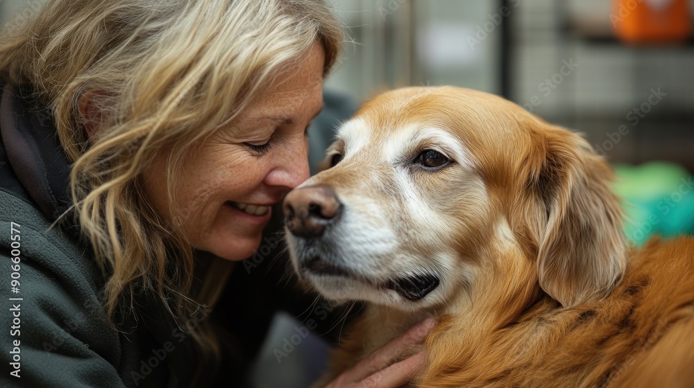 A volunteer is captured in a moment of bonding with an older dog at a shelter, gently petting and comforting the animal. The dog appears calm and content, enjoying the affection. The setting is cozy A volunteer is captured in a moment of bonding with an older dog at a shelter, gently petting and comforting the animal. The dog appears calm and content, enjoying the affection. The setting is cozy