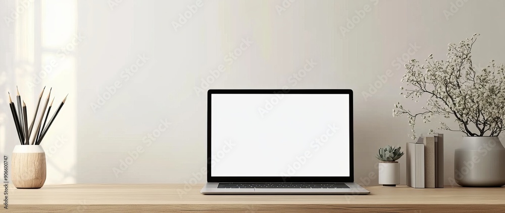 An open notebook laptop mockup is displayed on a white wall behind a minimalist desk. An open notebook laptop mockup is displayed on a white wall behind a minimalist desk.