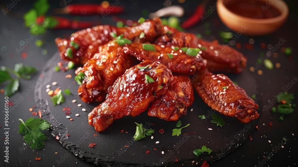Deliciously glazed chicken wing served with herbs and spices, perfect for a savory meal or appetizing snack. Deliciously glazed chicken wing served with herbs and spices, perfect for a savory meal or appetizing snack.
