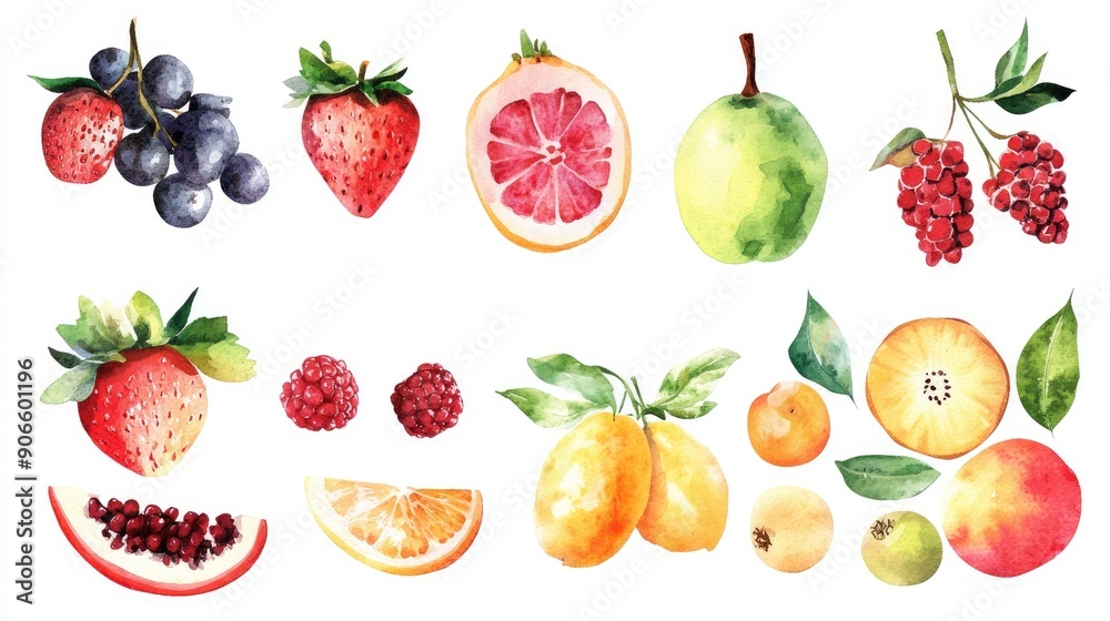 Artistic watercolor set of fruits on a white background, perfect for prints. Artistic watercolor set of fruits on a white background, perfect for prints.