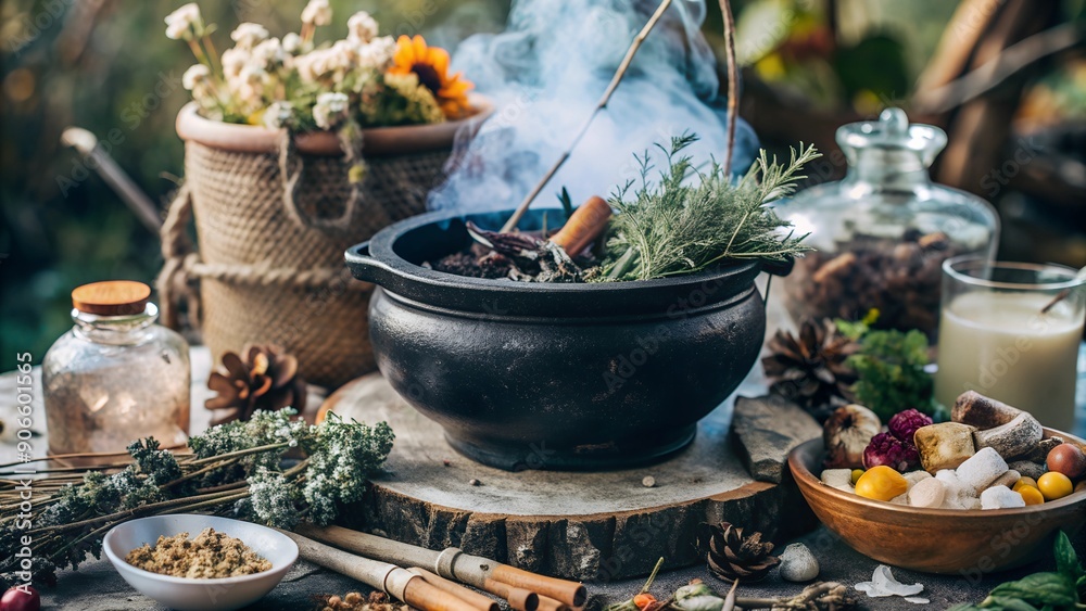 An old cauldron in the forest or outdoors An old cauldron in the forest or outdoors