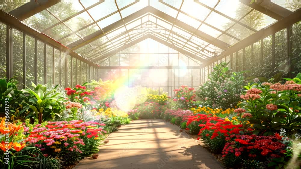 Sunbeams illuminate a lush greenhouse filled with vibrant flowers. Sunbeams illuminate a lush greenhouse filled with vibrant flowers.
