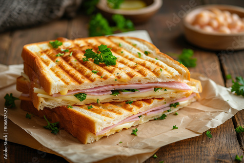 Panini baked with ham and cheese served on a wooden table photo