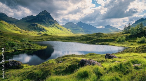 Beautiful landscape of the Scottish Highlands, offering space for text.