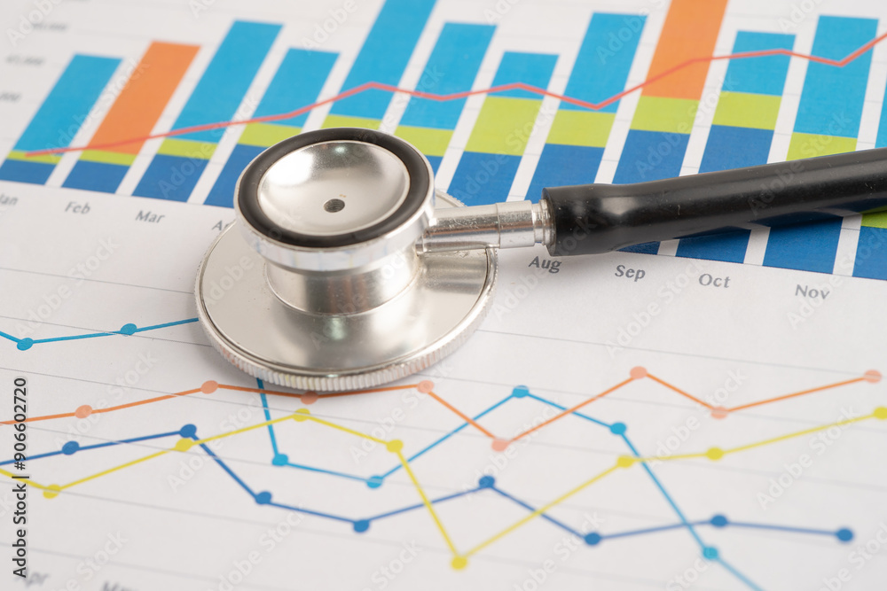 Fototapeta premium Stethoscope on spreadsheet and graph paper, Finance, Account, Statistics, Investment, Analytic research data economy and Business company concept.