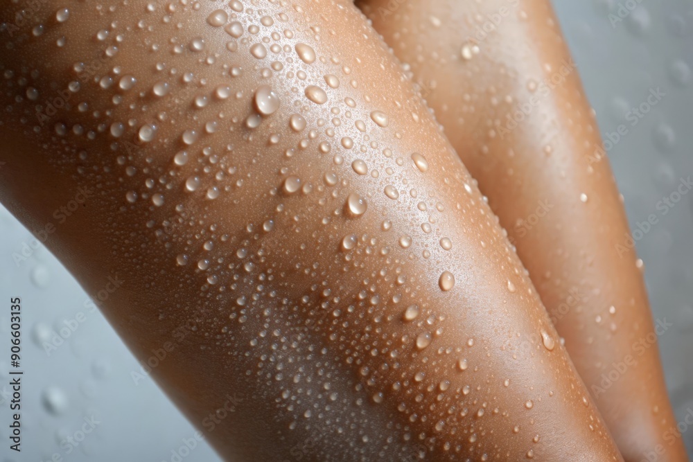 Fototapeta premium Hydrated Skin on Woman's Thigh with Water Drops Close-Up 