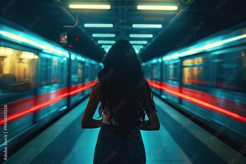 Obraz premium A woman stands in a subway station with a train in the background. The train is moving and the lights are on, creating a sense of motion and energy