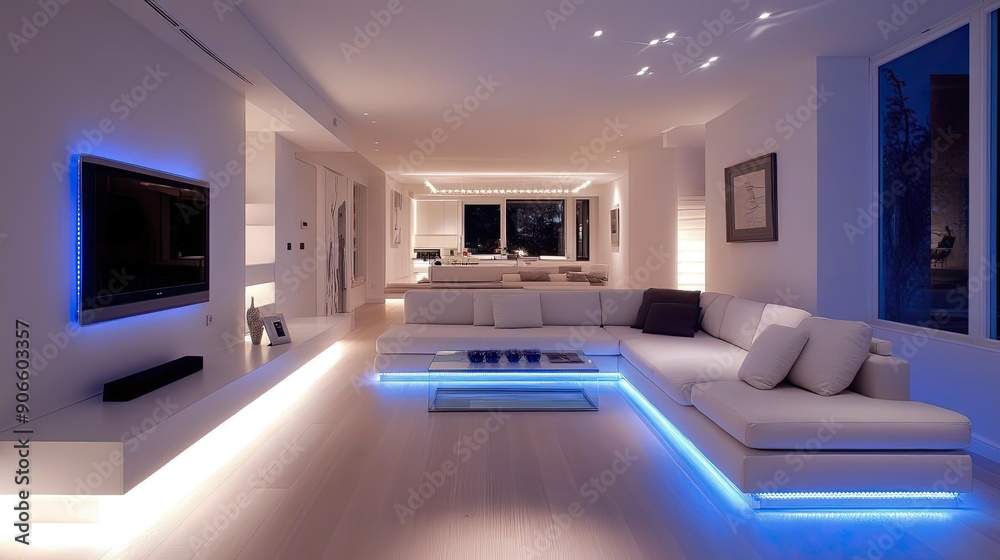 A stylish living room showcases minimalist decor with blue LED lighting, enhancing the contemporary ambiance during evening hours A stylish living room showcases minimalist decor with blue LED lighting, enhancing the contemporary ambiance during evening hours
