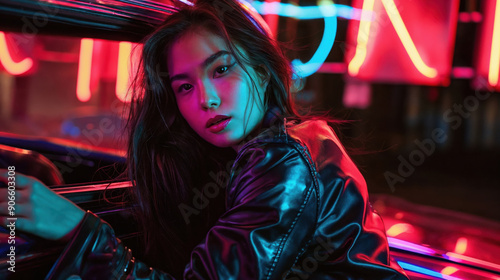 Woman in a black leather jacket posing against a neon-lit background at night, exuding confidence and style