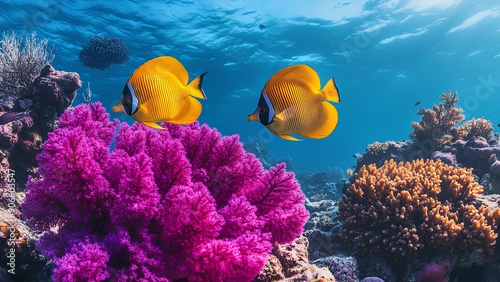 Wallpaper Mural Vibrant Marine Life: Purple Coral and Double-Saddle Butterflyfish in Huahine Island, French Polynesia Torontodigital.ca