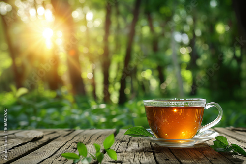 A cup of herbal tea is served on a wooden table with a blurred tea plantation in the background