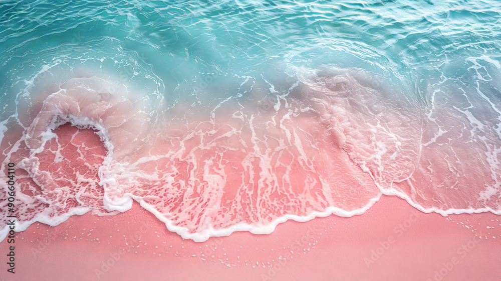 Fototapeta premium Stunning Pink Sand Beach Meeting Turquoise Sea, Top View