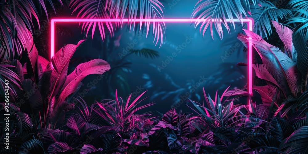 A neon frame in the midst of a dense jungle, with lush greenery and exotic plants surrounding it A neon frame in the midst of a dense jungle, with lush greenery and exotic plants surrounding it