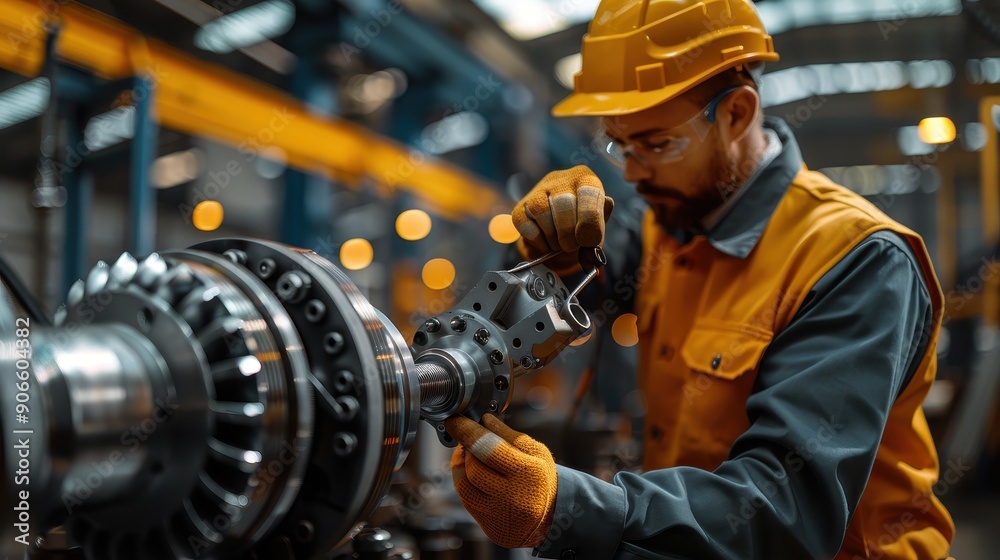 An engineer in safety gear and gloves assembles a large industrial machine component in a well-lit factory. An engineer in safety gear and gloves assembles a large industrial machine component in a well-lit factory.