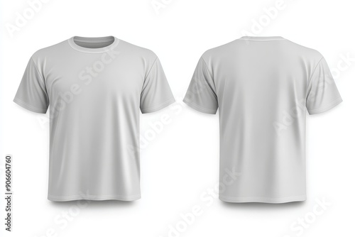 Realistic mockup set of gray male t-shirt from front and back perspectives, blank textile print design template for fashion apparel.